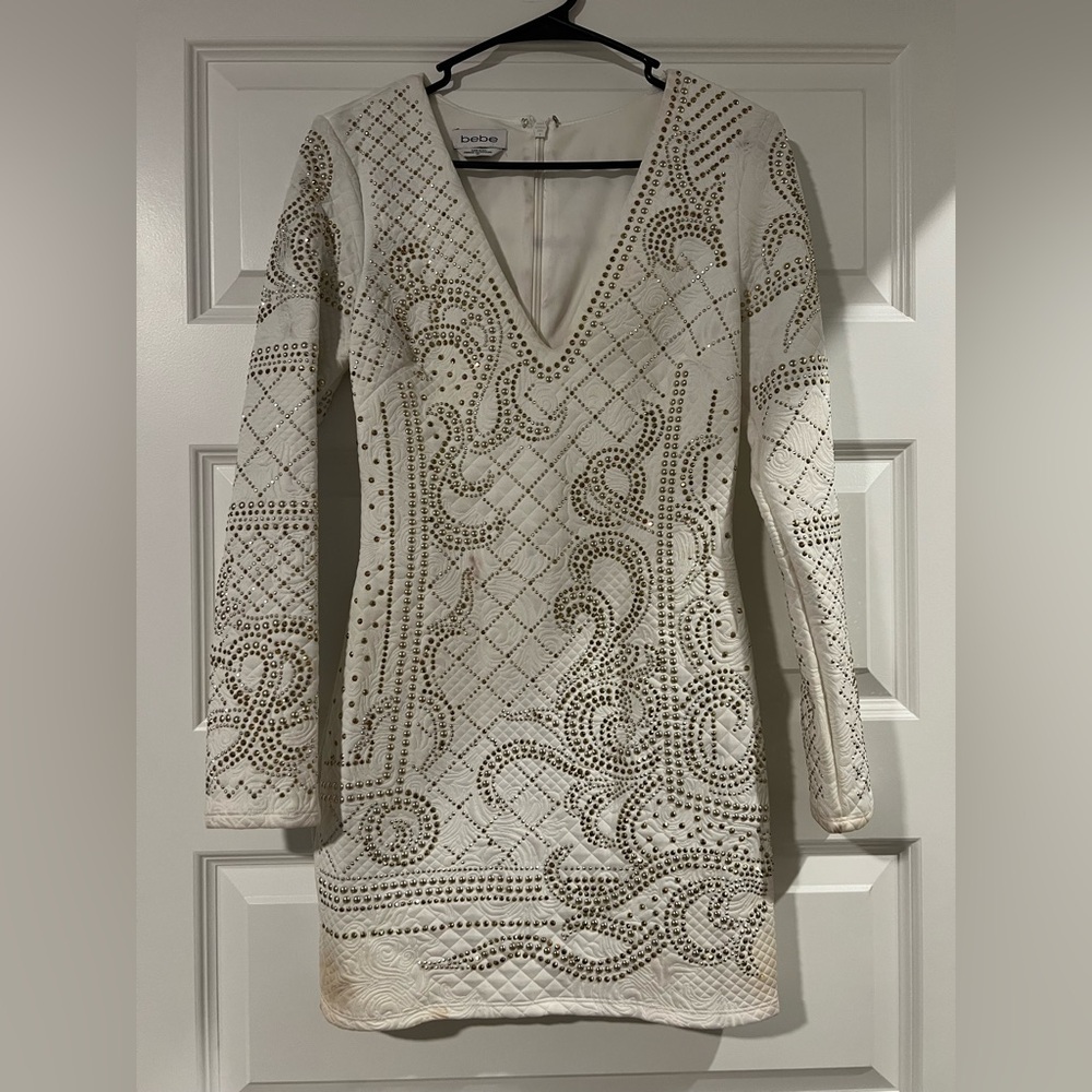 Bebe White Long Sleeve Beaded Dress